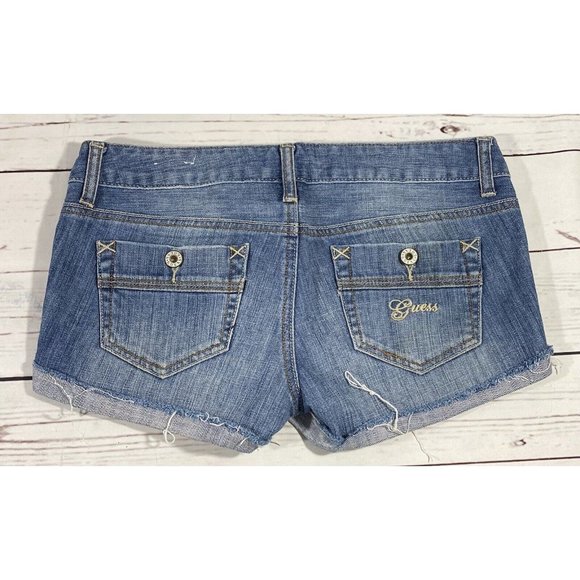 Guess Womens Jean Shorts Size 28 Denim Rolled Raw Hem Cut Off Button Back Pocket - Picture 2 of 9